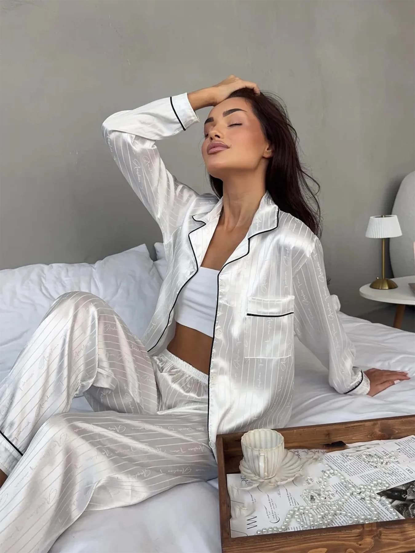 White Stripe Letter Print Satin Pajama Set Women Lapel Long Sleeve Button Shirt Elastic Waist Long Pants Luxury Silk Sleepwear
