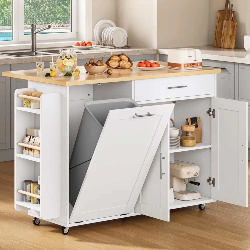 Isola da cucina con rotelle con contenitore per pattumiera nascosta, isola da cucina su ruote con contenitore, portaspezie a 3 livelli, portasciugamani e cassetti