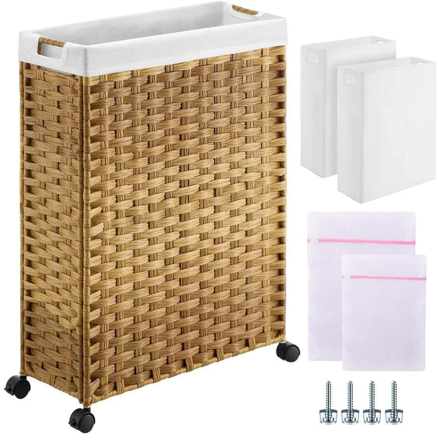 White basket with wheels, 66L (17.4 gallons), thin white basket with 2 removable inner bags and 2 net bags, in tight rattan fabric