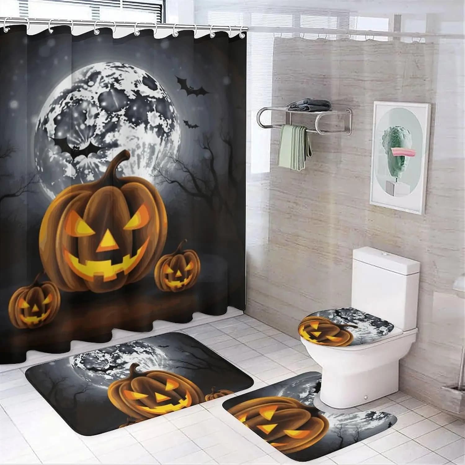 Set di tende da doccia da 4 pezzi con zucca pipistrello luna di Halloween con tenda da doccia e tappeti Tende da bagno moderne Accessori da bagno