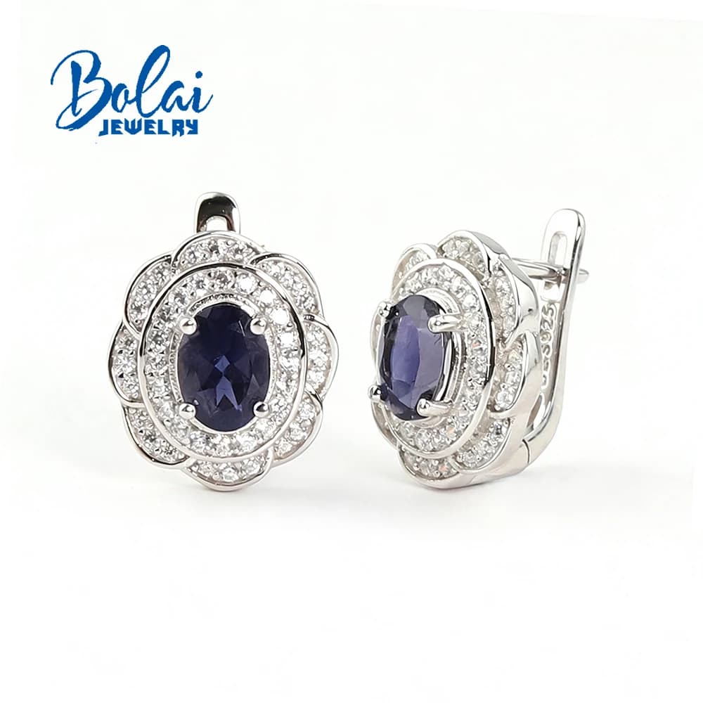 Gorgeous Natural Lolite Women's Clasp Earring 925 Sterling Silver Real Gemstone Fine Jewelry for Women's Anniversary Gifts