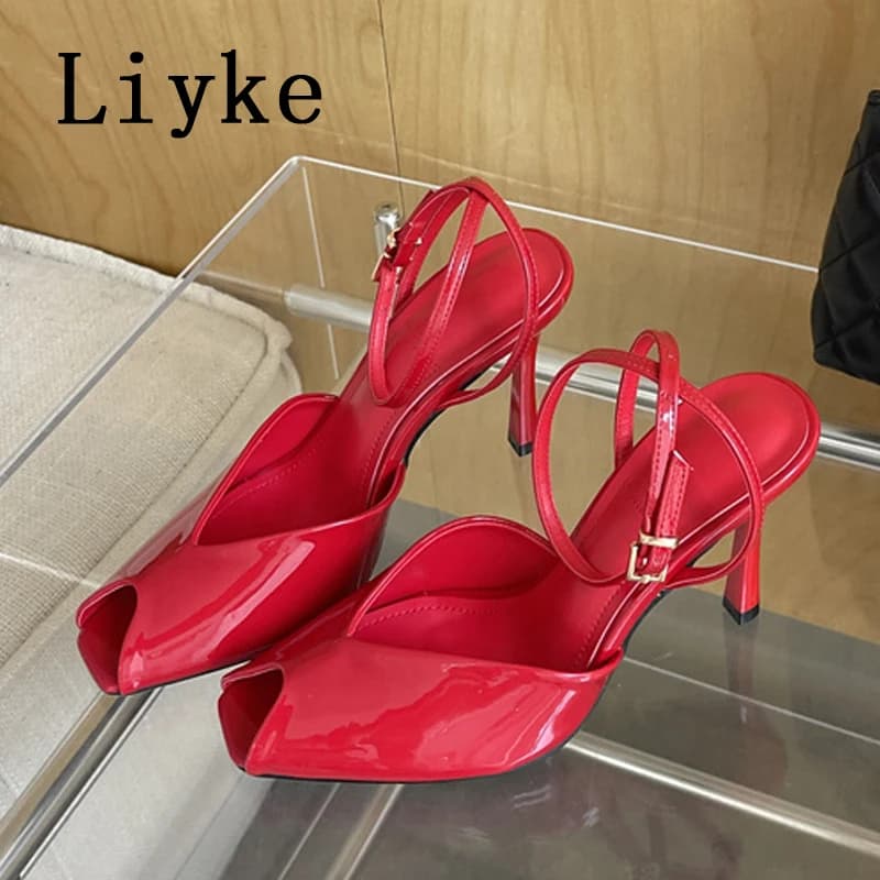 Liyke Designer High Heels Gladiator Sandals Women Summer Cozy Patent Leather Peep Toe Buckle Strap Ladies Party Dress Shoes Red