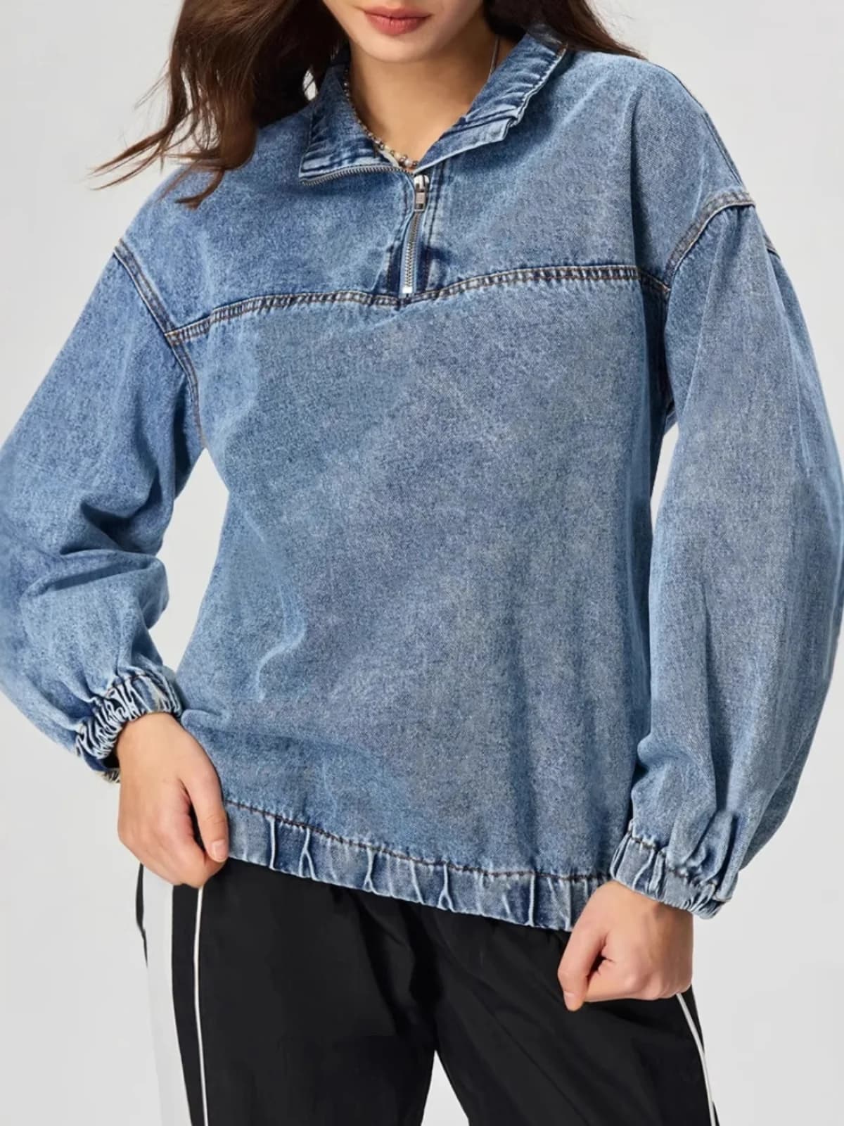 Loose Casual Cowboy Pullover Jacket Women's Long Sleeve Flip Collar Color Polyester Fiber Fashionable Streetwear