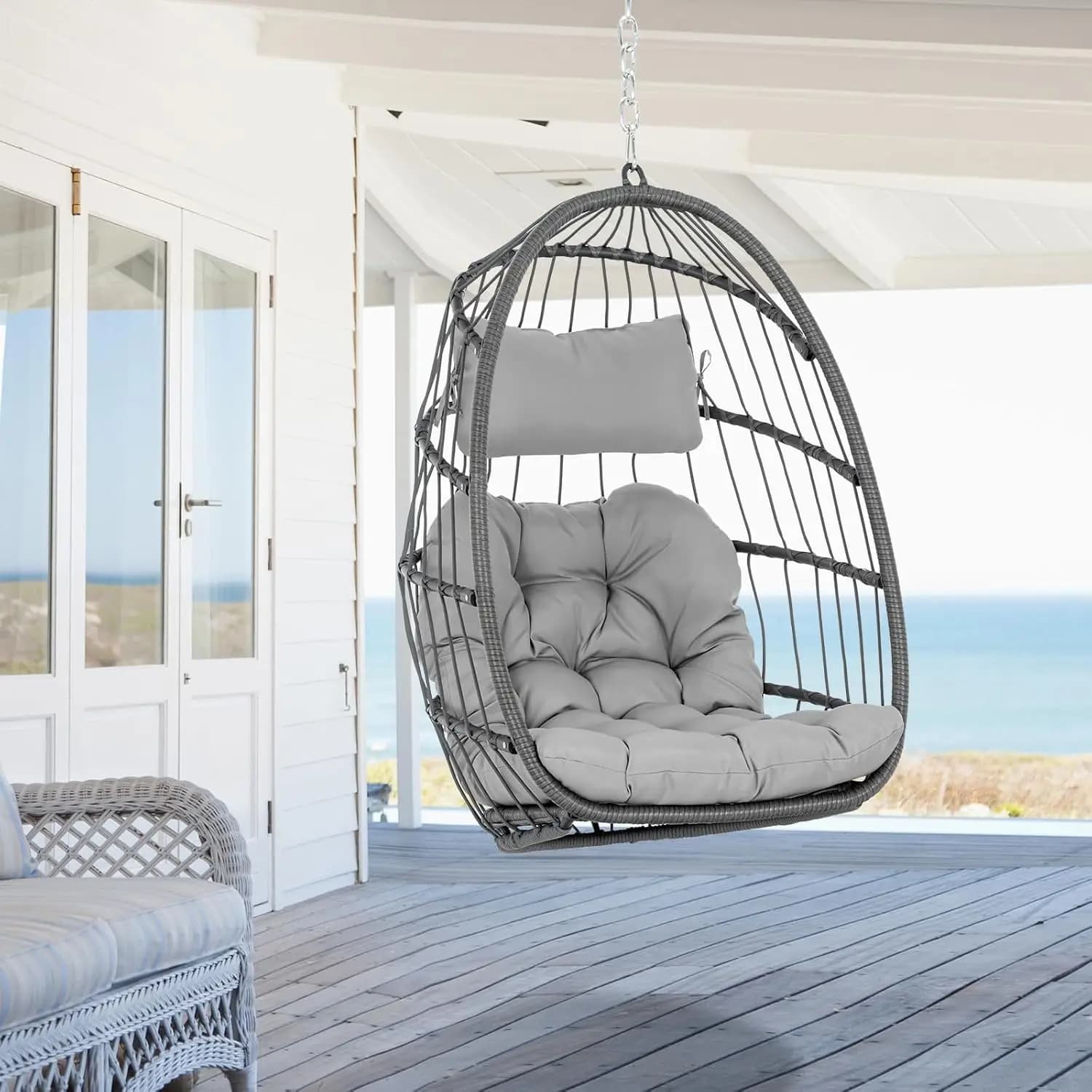 Sedia a dondolo pieghevole in vimini e rattan resistente ai raggi UV con cuscini, telaio in alluminio per interni, esterni, patio, campeggio, personalizzabile