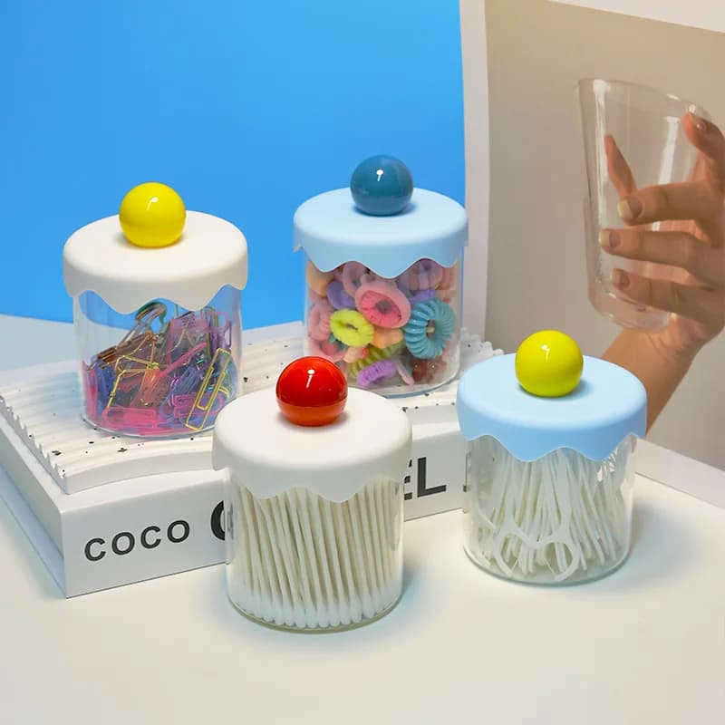 Scatola portaoggetti in vetro trasparente Coperchio in plastica Scatola portaoggetti per tamponi di cotone Barattolo portaoggetti per frutta secca Barattolo per tamponi di cotone struccante