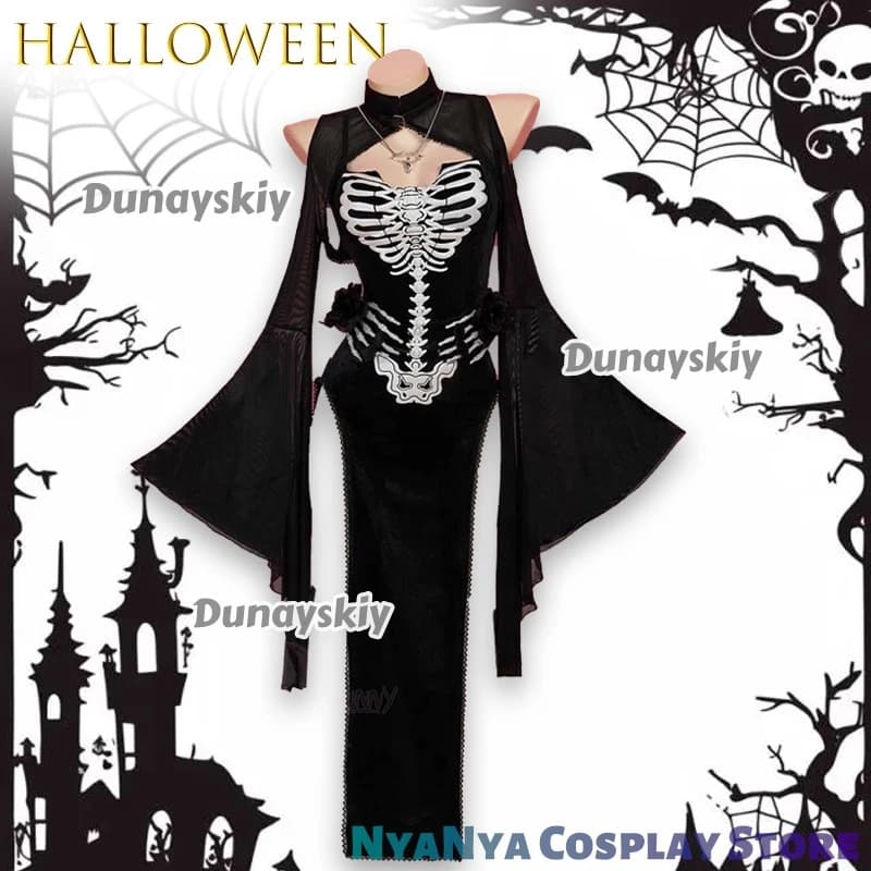 Abito scheletro cavaliere gotico scuro Halloween Cosplay ssiAbito con spacco teschio nero e mantello con maniche svasate ritagliate ‌