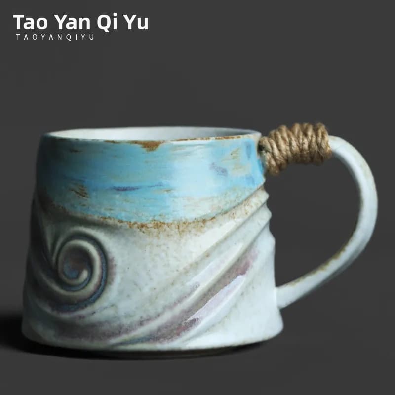 Creative Personalized Ceramic Coffee Cup with Handle Macaron Color Blue Glaze Stone Pattern Milk And Water Drinking Cup