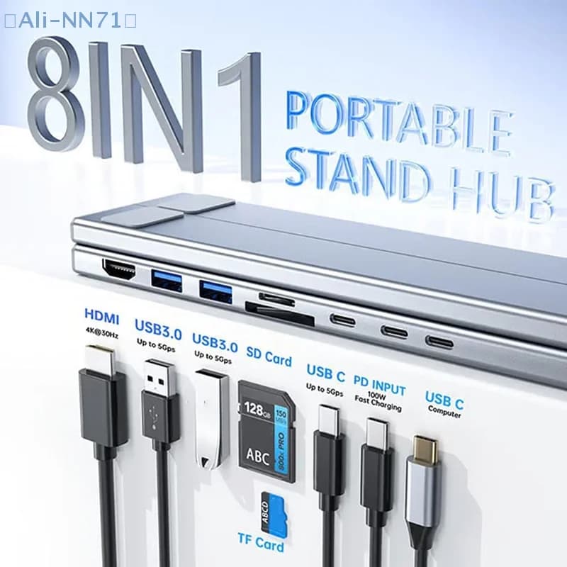 【NN71】 Supporto per laptop USB-C 8 in 1 con docking station Supporto per tablet dock USB C universale Adattatore per hub di tipo C pieghevole Plug Play