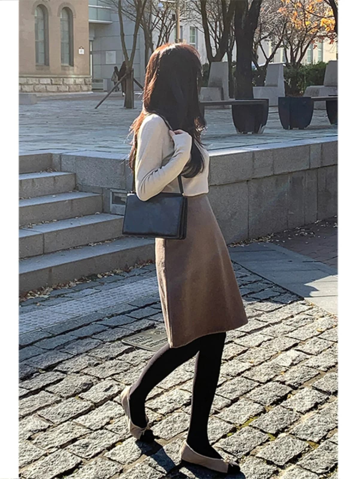 Caramel Woolen A-Line Skirt Women's High Waist Covering Hip Autumn Winter New Style Slimming City Commute Skirt