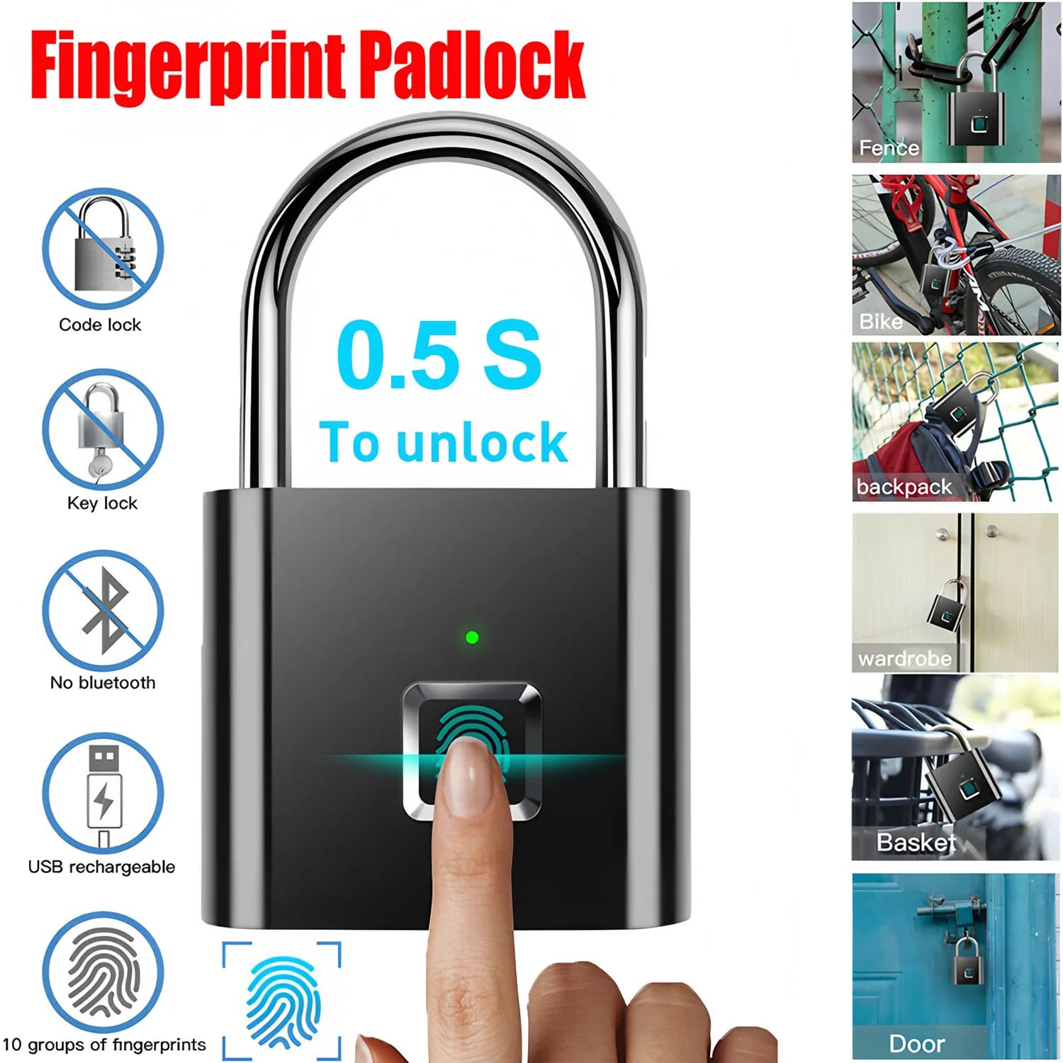 Lucchetto intelligente per porta ricaricabile tramite USB nero, lucchetto con impronta digitale, sblocco rapido, in lega di zinco, metallo, alta sicurezza