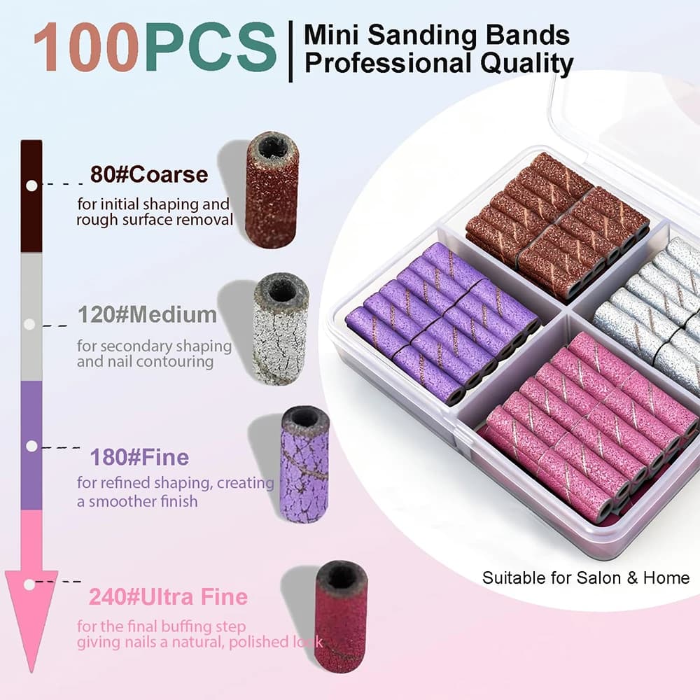 100 Pezzi Bande Abrasive per Unghie da 3mm - Grana 80/120/180/240, Mini Fresa per Unghie, Accessorio per Lima Elettrica, Strumento per Lucidatura e Manicure
