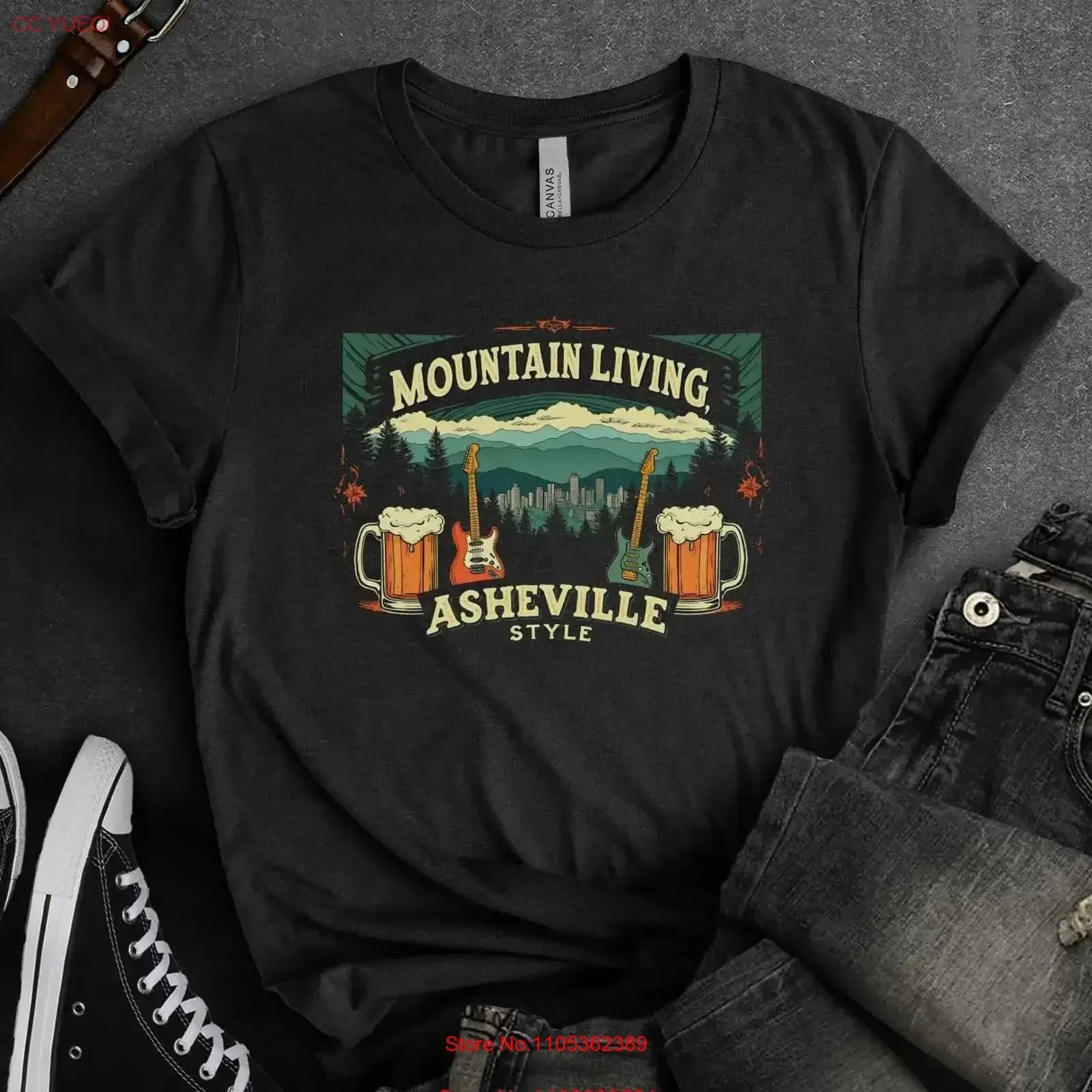 Maglietta Mountain Living Asheville Style, con scena musicale e boccale di birra rustico, stile vintage, morbida, streetwear