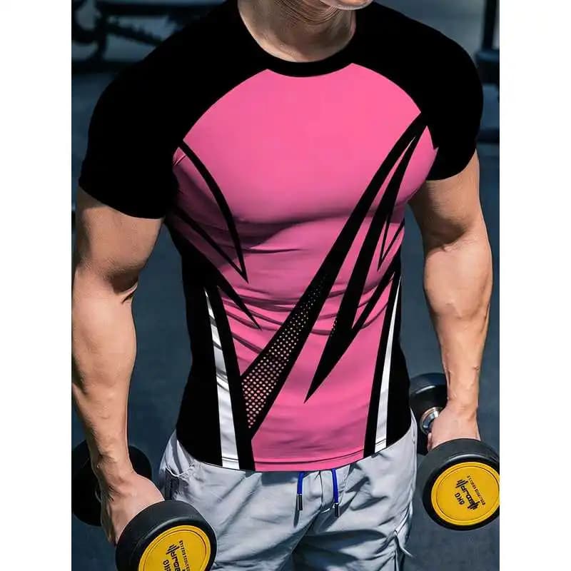 Men's black and pink color-blocked stretchy slim-fit moisture-wicking quick-dry training sports short-sleeve shirtTShirt