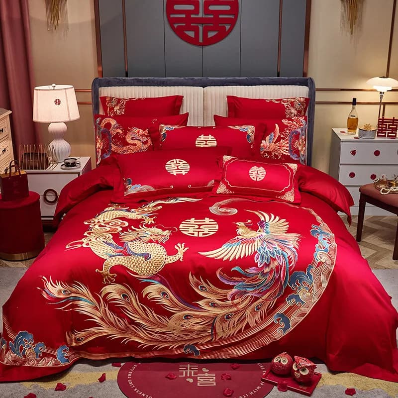 Set di Biancheria da Letto con Ricami di Dragone e Fenice Dorati, Lussuoso Set Nuziale Cinese in Cotone Egiziano Rosso con Copripiumino, Lenzuolo e Federe