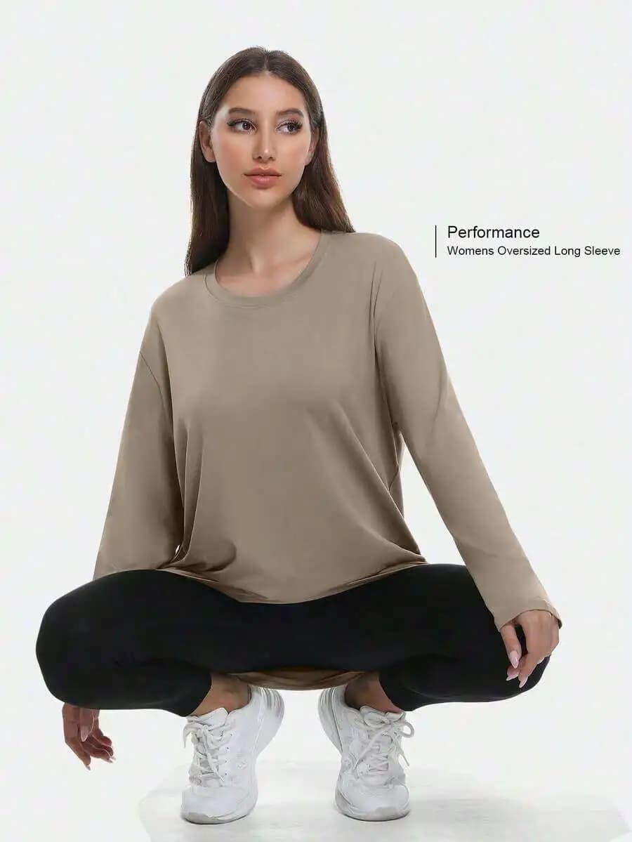 Top sportivo oversize da donna a maniche lunghe, traspirante, morbido e leggero, per la corsa in palestra, da indossare ogni giorno
