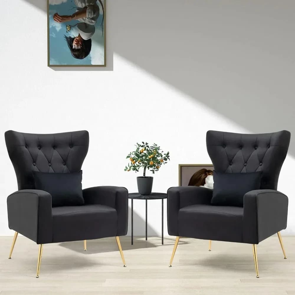 % un set di 2 sedie da soggiorno, sedie in velluto, poltrona con cuscino lombare, sedie da toeletta con gambe dorate, soggiorno Ch