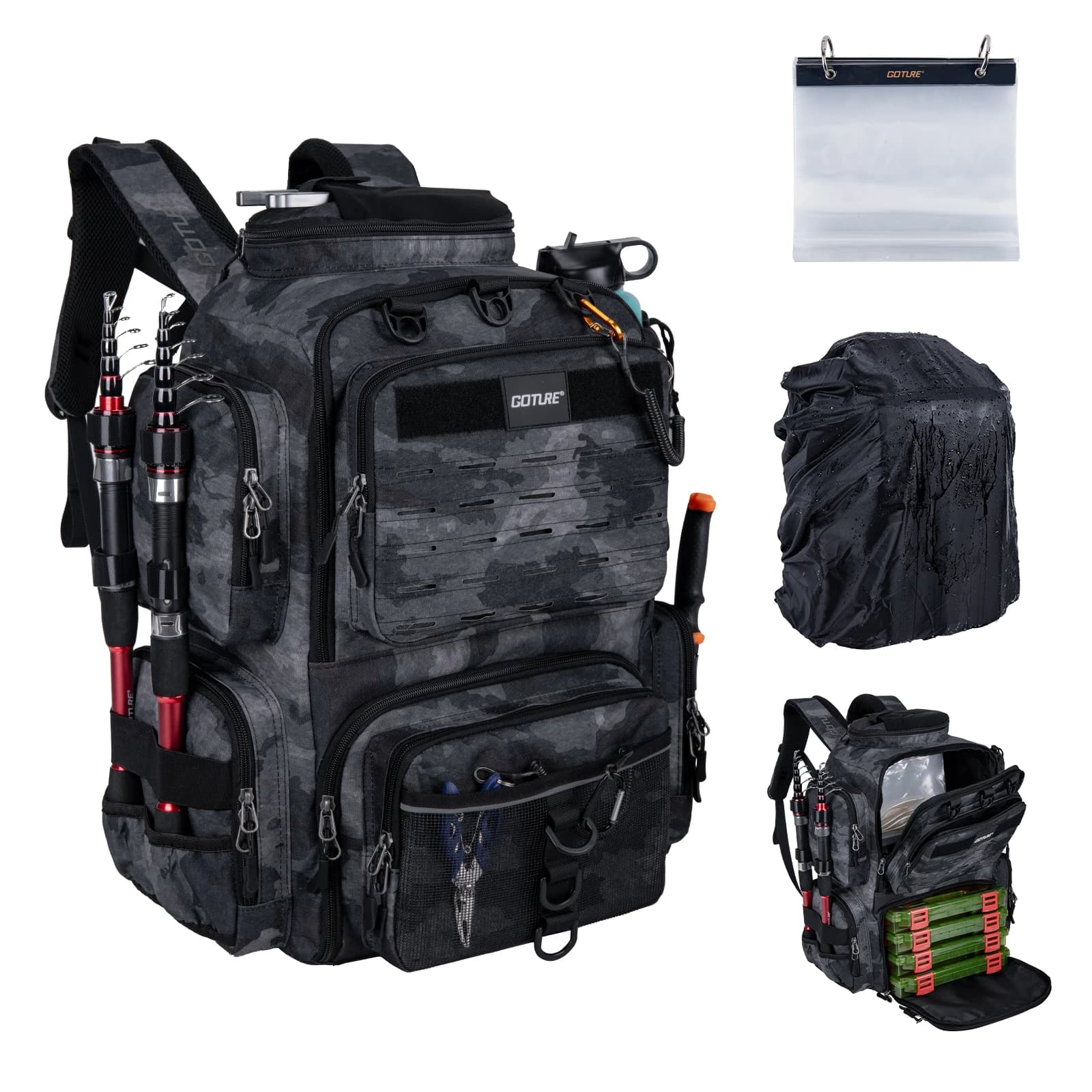 Zaino da pesca Goture 900D resistente all'acqua con 4 scatole porta attrezzi, con porta canne, cerniere SBS, borsa portaoggetti grande da 45 litri