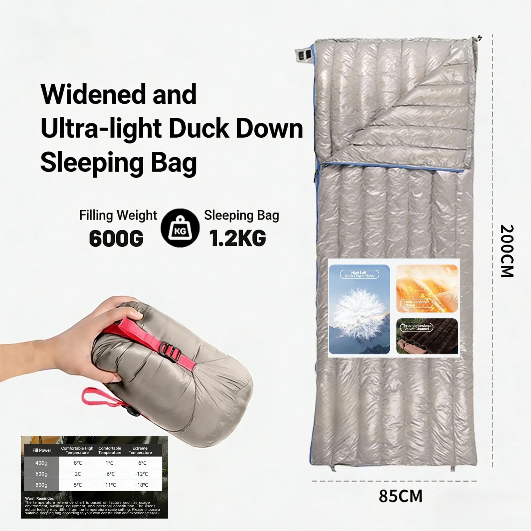 Sacco a Pelo Ultraleggero Unisex in Piuma d'Oca per Campeggio, Impermeabile e Portatile con Compressione per lo Stoccaggio, Ideale per Viaggi ed Escursioni