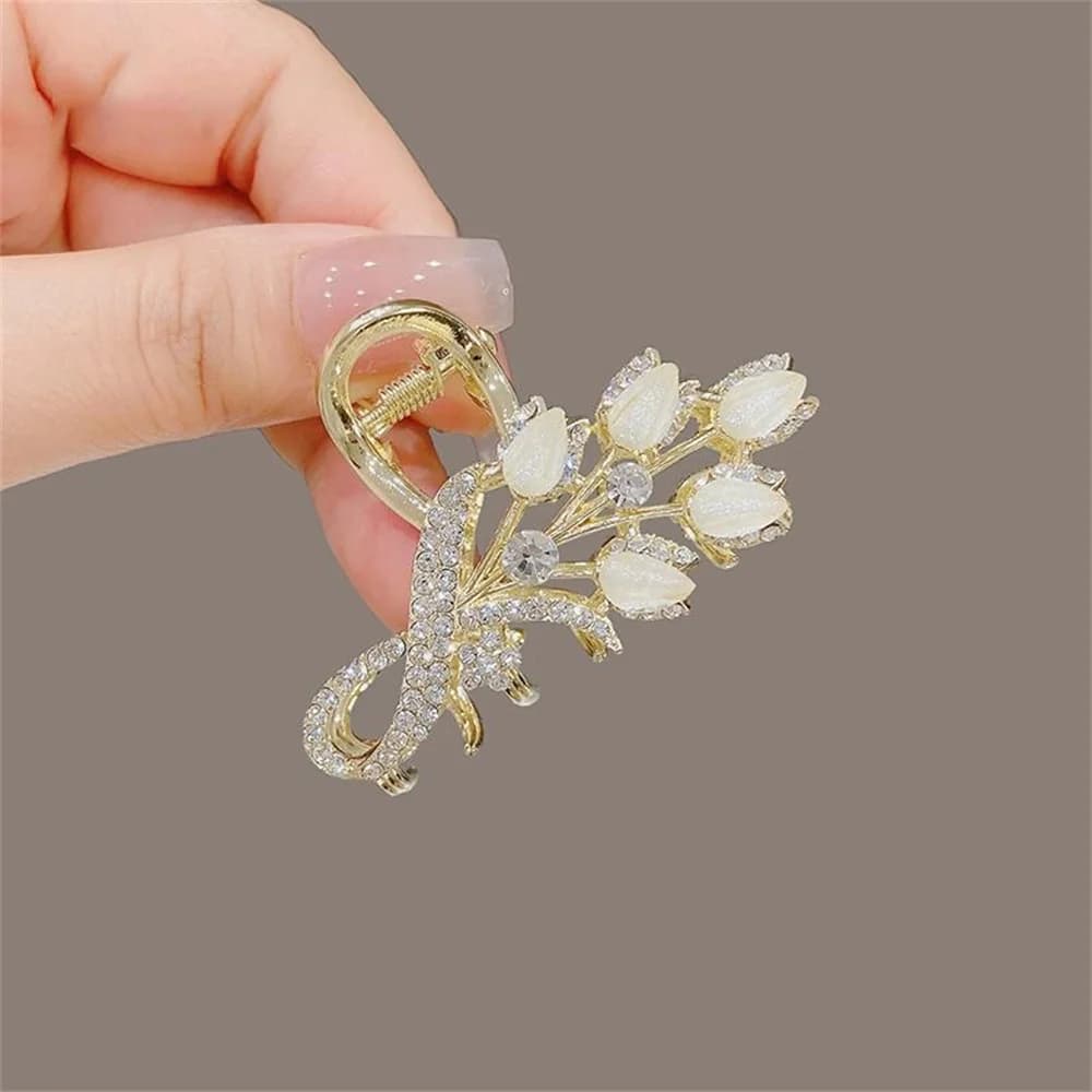 Rhinestone Wheat Ear Hair Claw Clip With Opal Petals Gold Alloy Grip For Women Half Updo Back Head Elegant Accessory