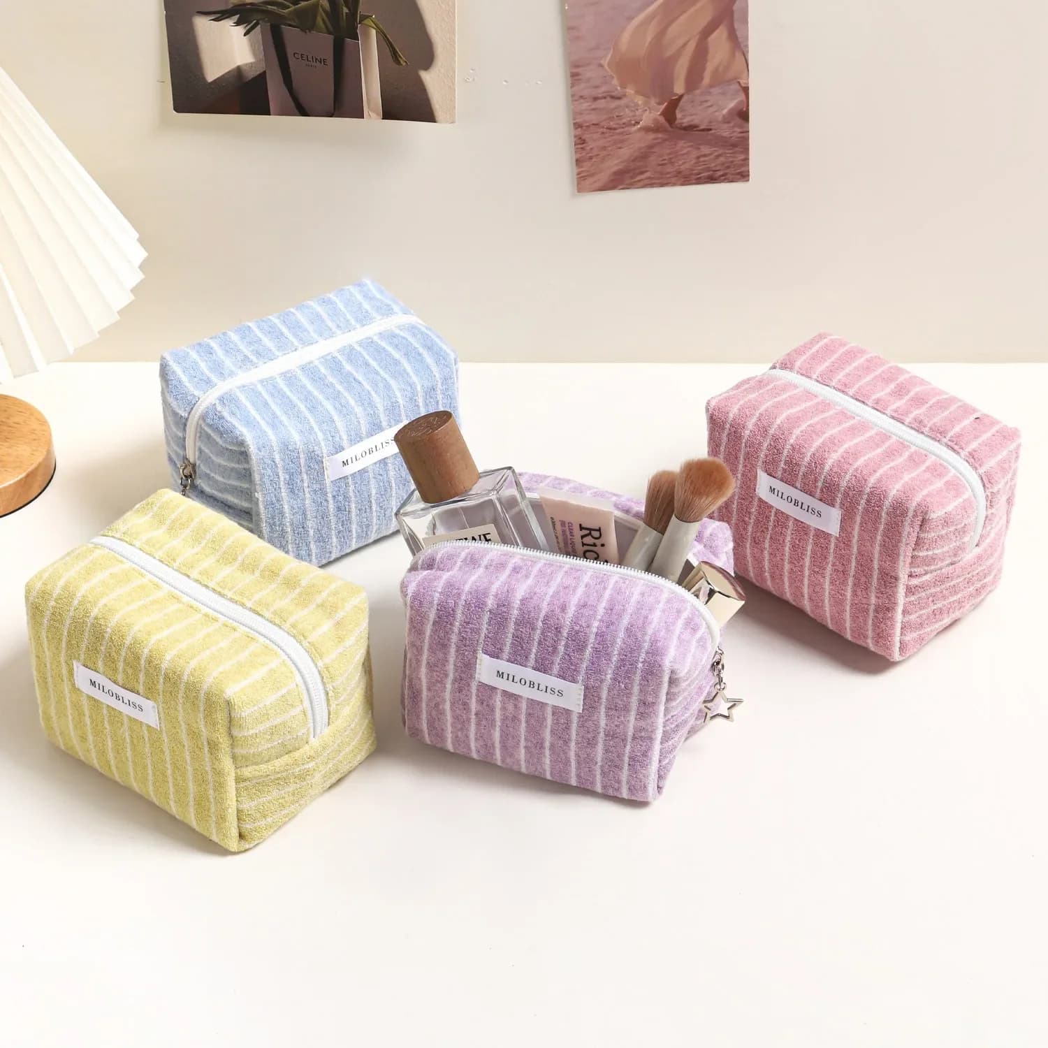 Borsa Cosmetica in Tessuto a Righe Coordinata, Pochette Portatile, Borsa da Viaggio Carina per Monete, Custodia per Auricolari