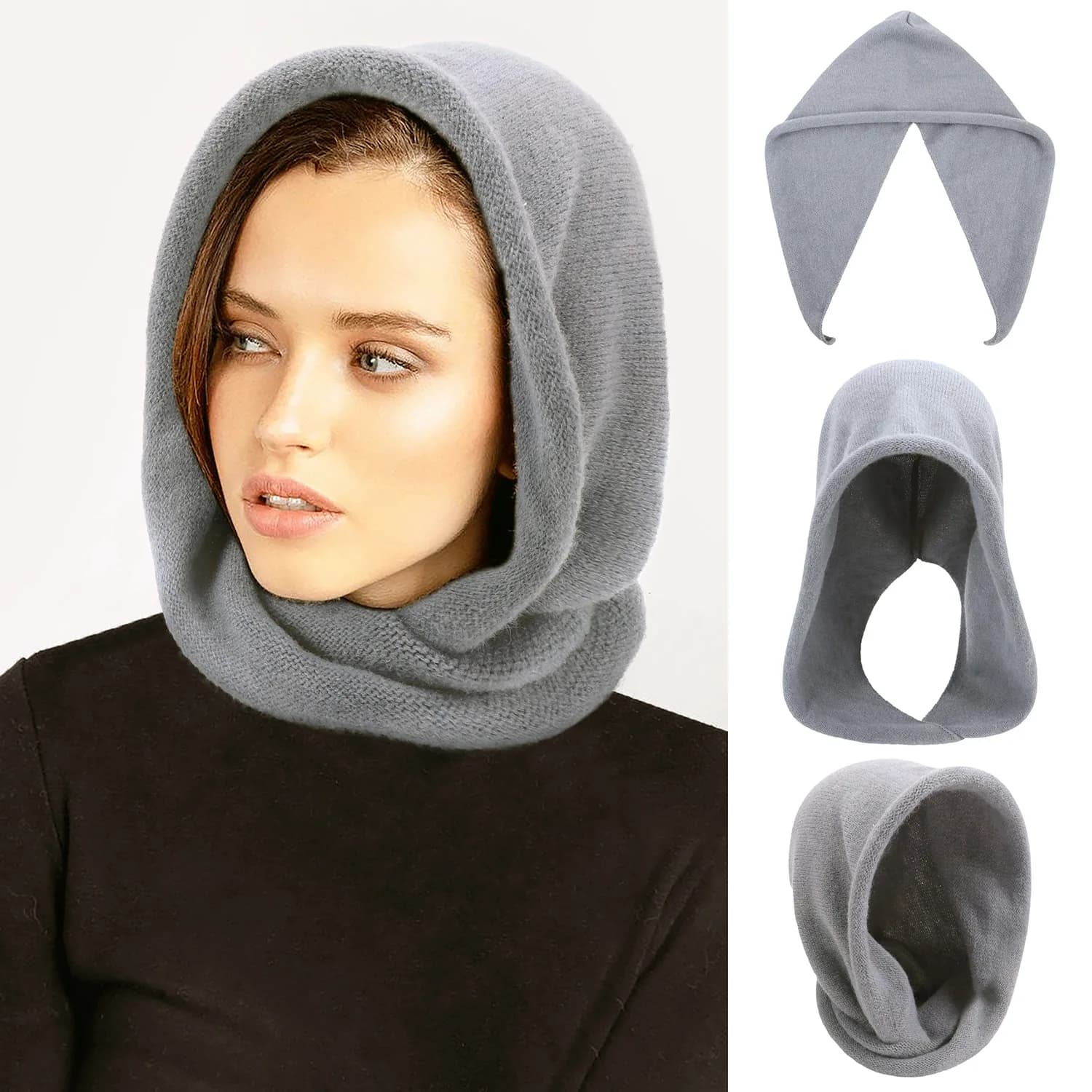 Nuovo combo sciarpa e cappello invernale da donna: realizzato in finto cashmere, lavorato a maglia in stile fai-da-te, con cappuccio e design pull-on
