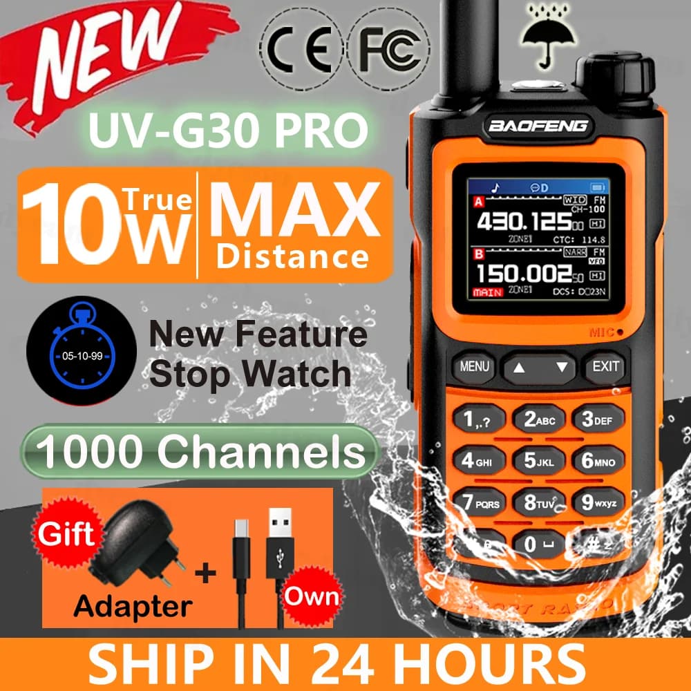 Baofeng UV G30 Pro Walkie Talkie portatile 10W Radio FM a lungo raggio cronometro 1000 canali USB-C caricabatterie caccia Ham Radio a 2 vie