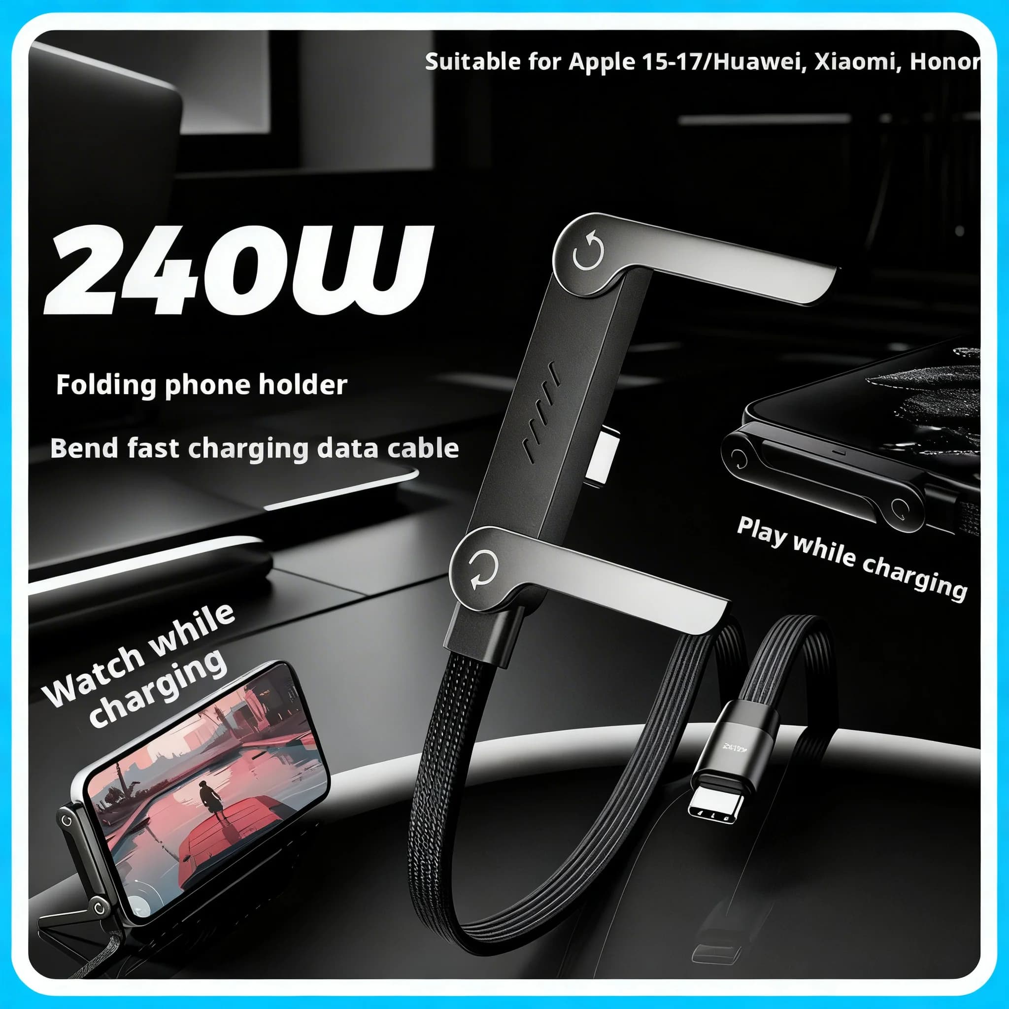 Cavo Dati USB 2-in-1 da 240W a Ricarica Rapida, Pieghevole, con Supporto per Telefono, da Type-C a Type-C/USB a Type-C, Confezionato in Sacchetto/Scatola, 1 Pezzo