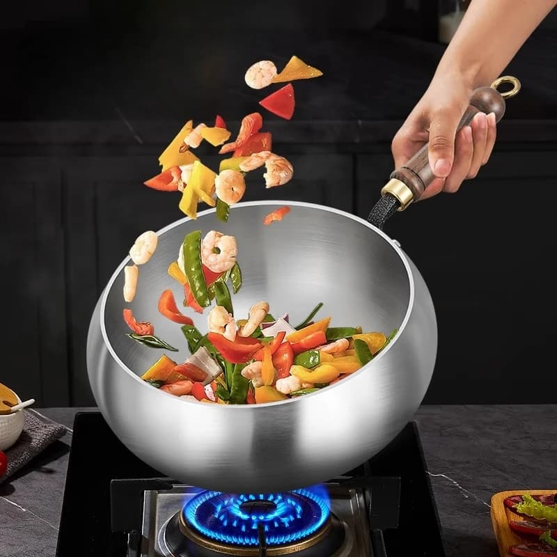Wok in Acciaio Inossidabile con Fondo Piatto e Coperchio, Padella Profonda per Frittura, Riscaldamento Rapido, Accessori da Cucina per Stir-Fry