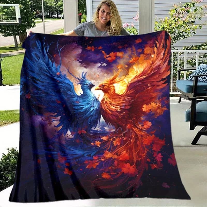 1 lancio in flanella Yin Yang rosso blu Phoenix - leggero e caldo per divano, letto, viaggi, campeggio