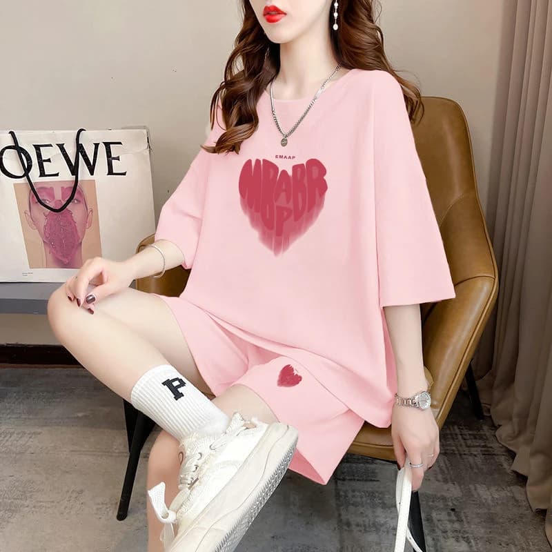 Street Style Heart Print Casual Sportswear Set Women's Loose Fit Summer Short Sleeve Shorts Two Piece Trendy Outfit