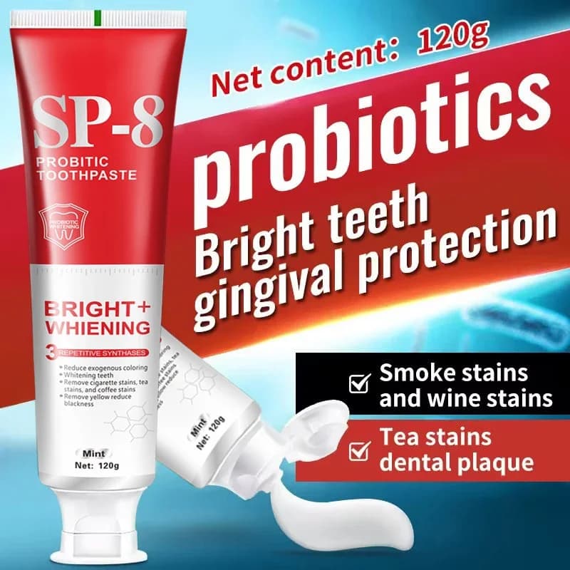 Dentifricio probiotico Sp-8 per l'igiene orale Sbiancare pulito Rimuove macchie Alito fresco con lattobacillus e sacchinina di sodio Nuovo