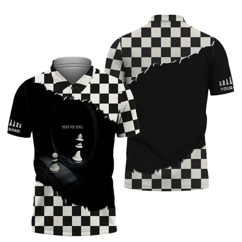 Custom Name Chess Polo Shirts For Men 3D Print Chessboard Lattice Funny Game Shirts Team Competition Funny Golf Shirt