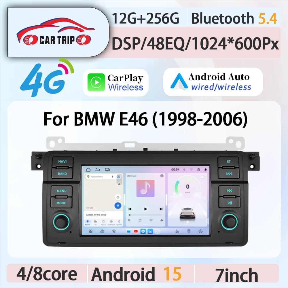 7'' CarPlay Android Auto Multimedia Player 2DIN 4G BT5.4 GPS DSP IPS for BMW E46 M3 1998-2006 Compatible with 318 320 325 330 33