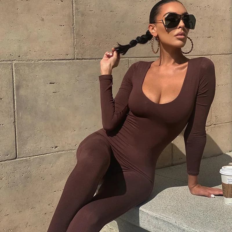 Tuta Intera Casual Marrone da Donna per Fitness, Stile Y2K, in Maglia a Maniche Lunghe, Modellante, Intimo Modellante, Autunnale, Spessore Regolare