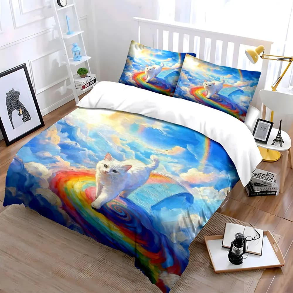 Set di decorazioni con immagini di gatti arcobaleno, set di biancheria da letto con copripiumino morbido e confortevole, include 1 copripiumino e 2 federe, regalo