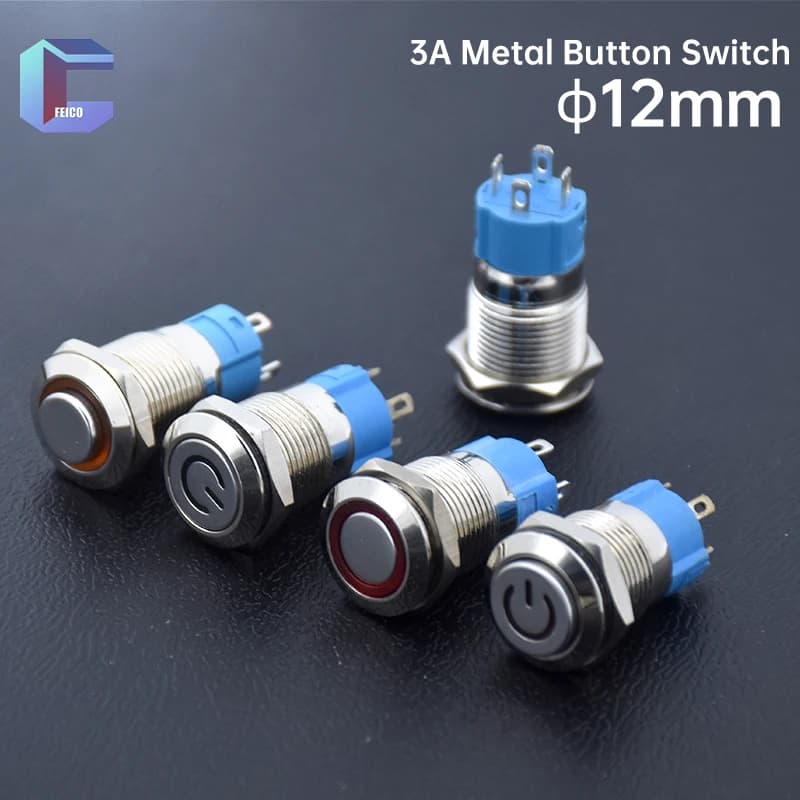 Interruttore a pulsante in metallo da 12 mm Impermeabile momentaneo autobloccante Reset 1NO con anello luci a LED Segnale di alimentazione a LED 4 pin Rosso Blu