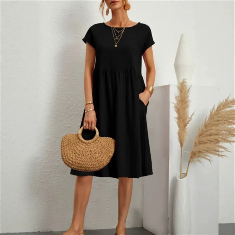 【Nuovo stile】Abito estivo da donna alla moda 2026, in lino, con colletto rotondo, gonna a trapezio, vestito ampio