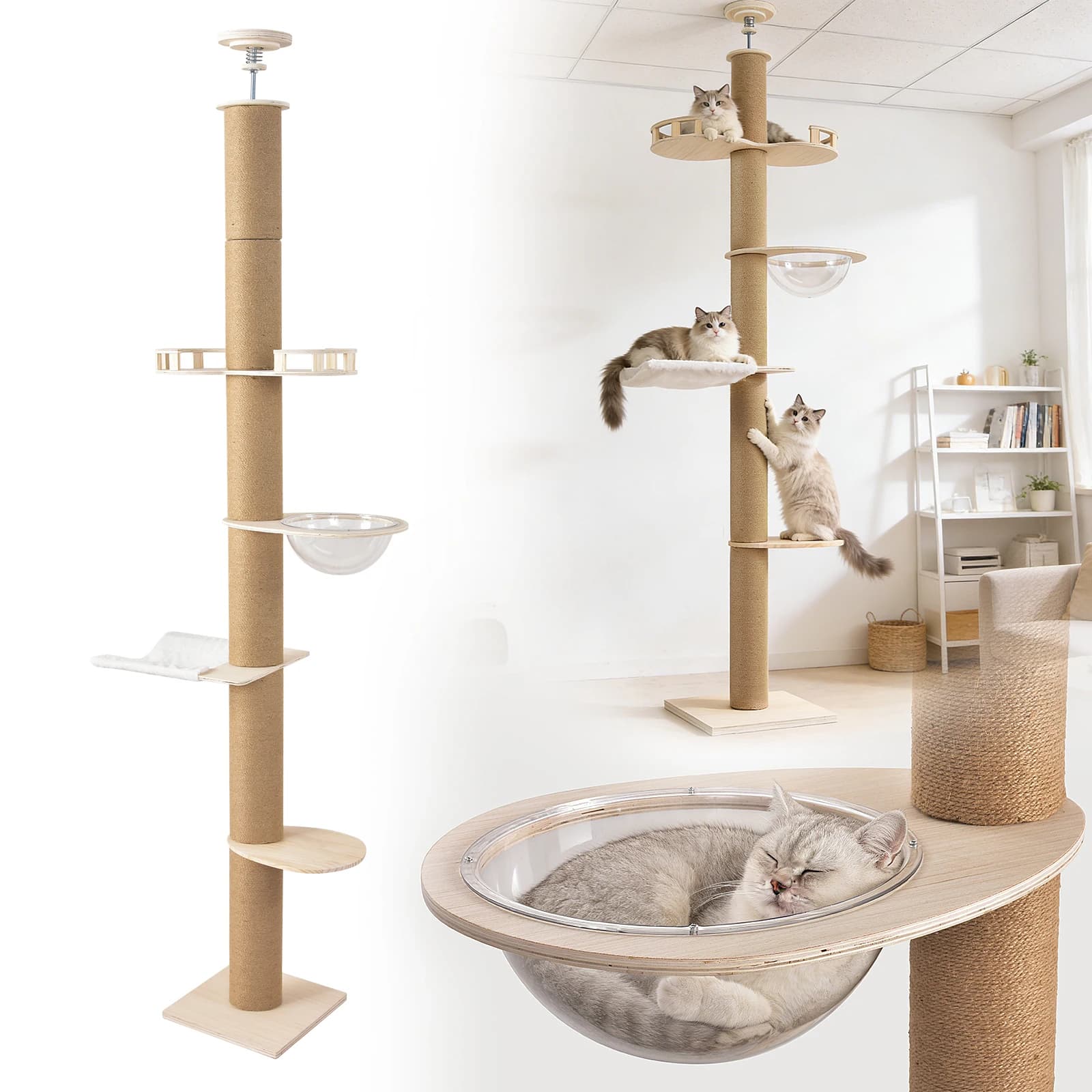 Albero per Gatti da Pavimento a Soffitto 8.5-8.7 Piedi, Torre per Gatti Multilivello Regolabile in Altezza con Tiragraffi e Amaca – Arrampicata, Gioco e Tiragraffi