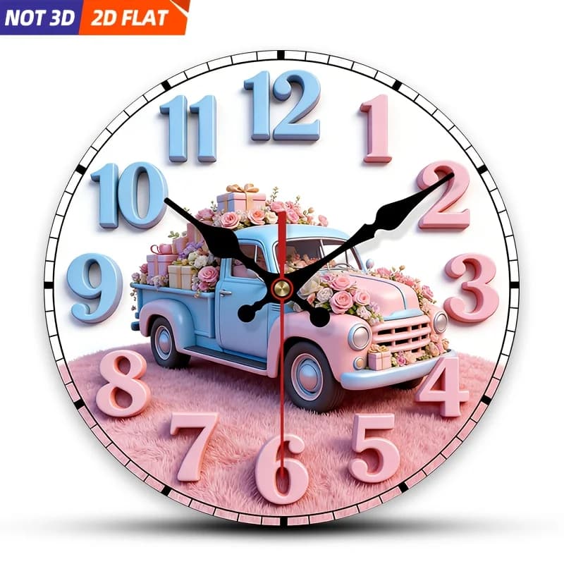 2D Piatto. 1 pezzo. Orologio da parete a tema camion con fiori, orologio decorativo silenzioso, orologio da parete creativo, decorazione adatta per la camera da letto