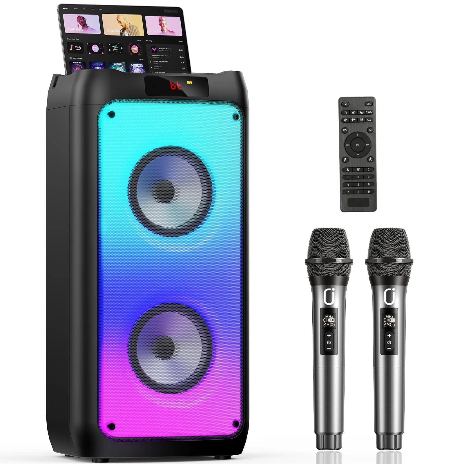 Altoparlante Bluetooth Wireless T10-T, Macchina per Karaoke con 2 Microfoni, Altoparlante per Feste Karaoke Domestico con Luce LED, Subwoofer da Palco