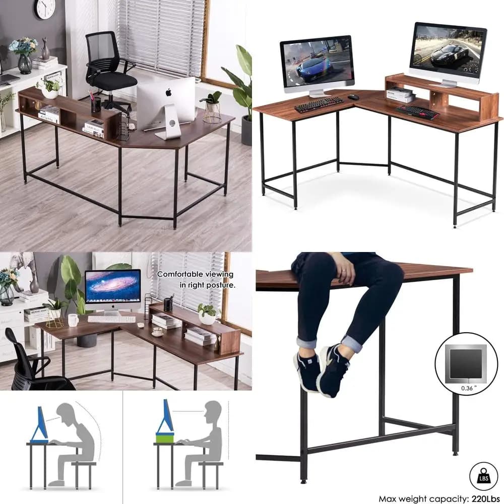 Scrivania moderna a forma di L per giochi e ufficio domestico, tavolo da studio compatto marrone con supporto per monitor per piccoli spazi