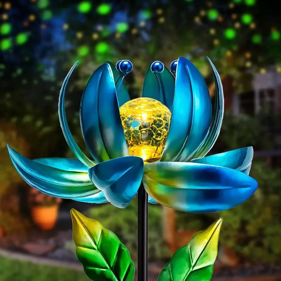 Luci da Giardino in Metallo a Forma di Fiore, Decorazione Colorata con Mulino a Vento Girevole e Luci a LED a Sfera di Cristallo Effetto Crepato per Esterni