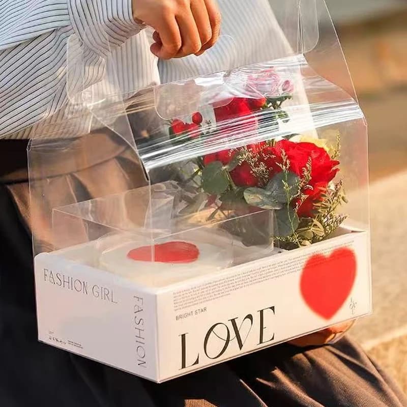 Scatola Regalo in PET Trasparente con Manico, Contenitore per Fiori, Decorazione per Feste, Proposte di Matrimonio, Celebrazioni e Cerimonie