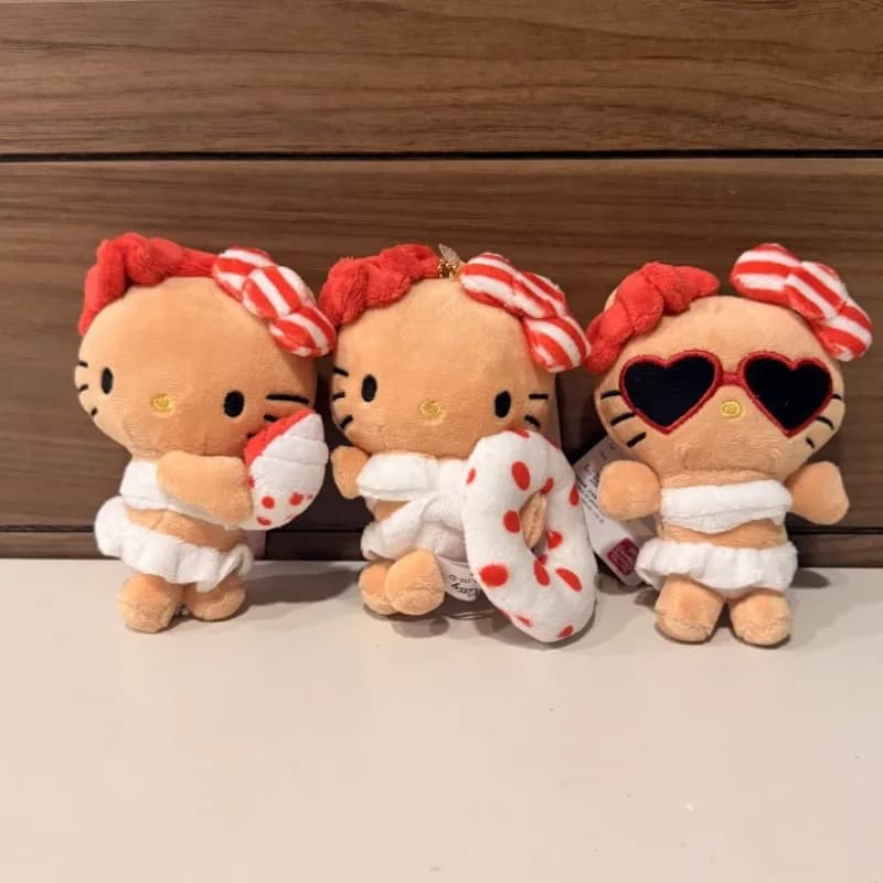 Ciondolo per borsa in peluche a forma di gatto Hello Kitty, simpatico personaggio dei cartoni animati, in bikini, con occhiali da sole, anello da nuoto e gelato da spiaggia
