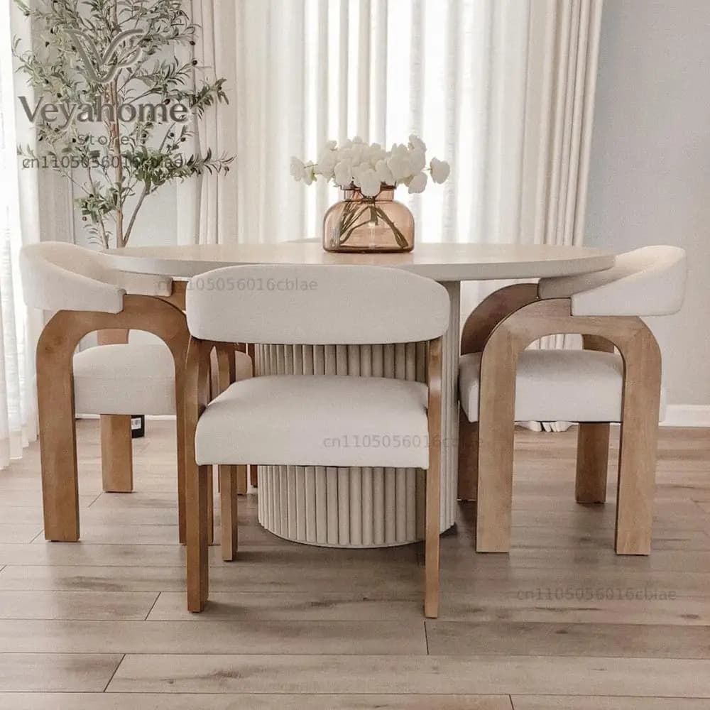 Upholstered Dining Chairs Set of 4 - Linen Cushioned Armchairs with Curved Wooden Arms for Kitchen or Dining Room (Beige)
