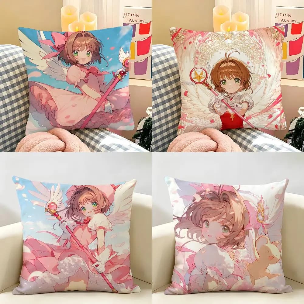 Anime C-Cardcaptor S-Sakura Pink Cushion Cover Natural Linen Organic Fabric Double-Sided Printing Room Sofa Decor Pillow Case