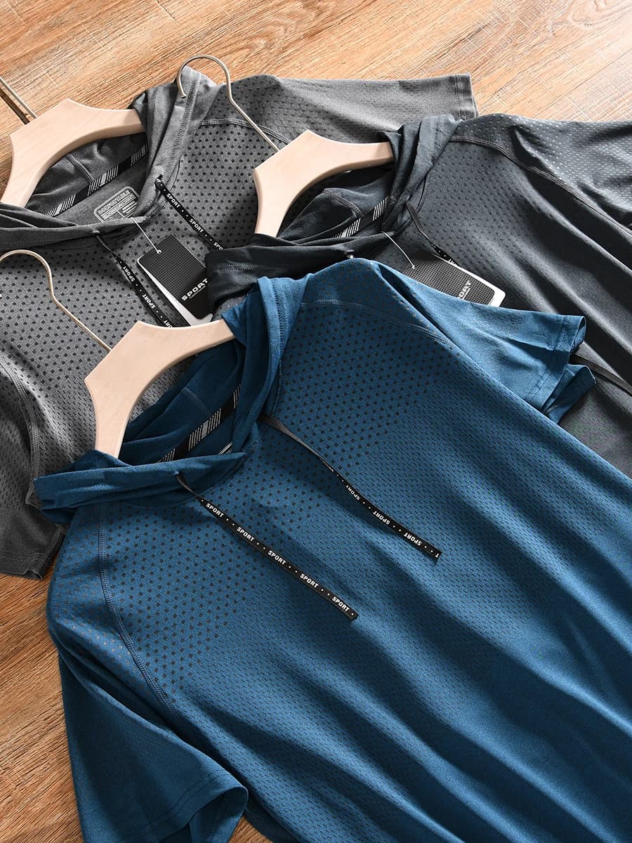 Sporty Breathable Men's Short Sleeve Hoodie T-Shirt Quick Dry Summer Fashion Polyester Nylon Spandex Casual Style Loose Fit