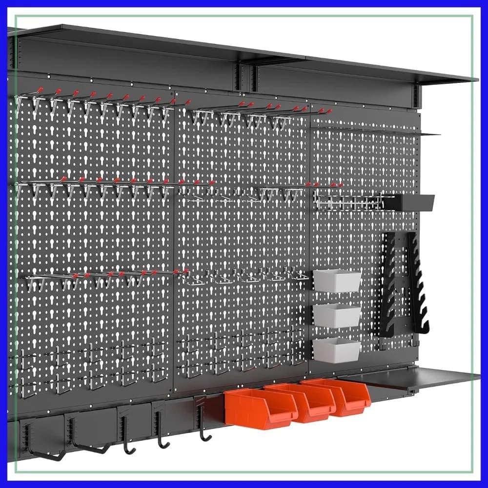 Kit Organizzatore da Parete con 113 Pezzi, Ganci, Contenitori e Ripiani per Garage, Banco da Lavoro, Nero