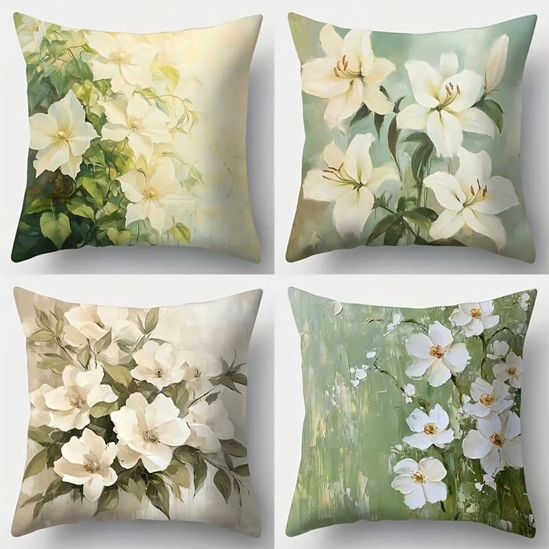 4 federe per cuscini eleganti con fiori bianchi, poliestere contemporaneo 45x45 cm, chiusura con cerniera, solo lavaggio a mano, ideale per divano e lombare
