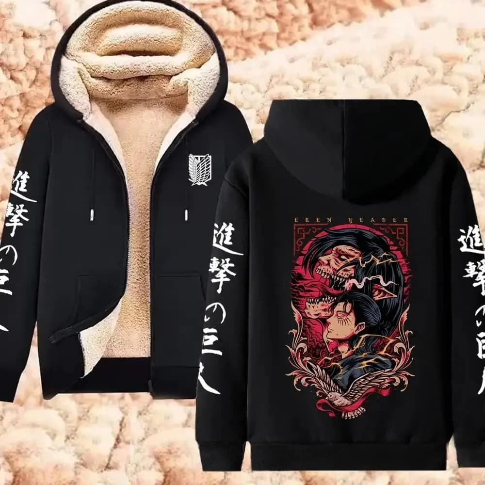 Attack on Titan Winter Warm Zipper Jacket Anime Print Hoodies Men Women Thicken Zip Up Sweatshirts Harajuku Hip Hop Streetwear